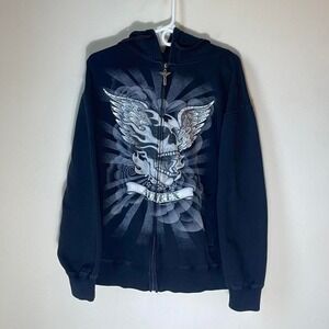 Vintage Avirex Y2K Winged Rhinestone Skull Zip Up Hoodie Men's Medium